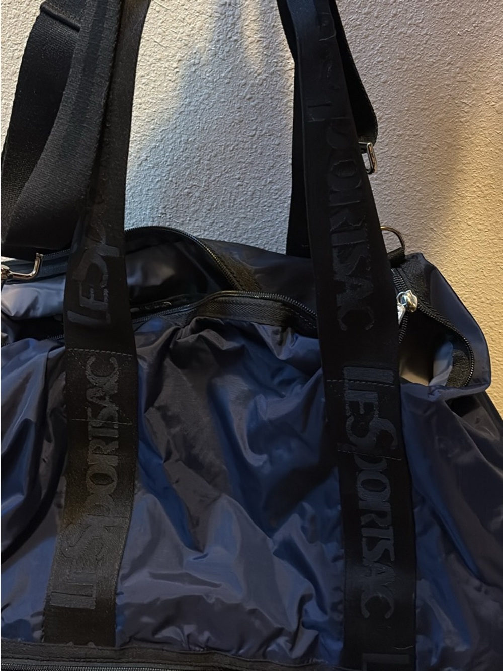 Lesportsac Navy Duffel with Black Logo Webbed Straps